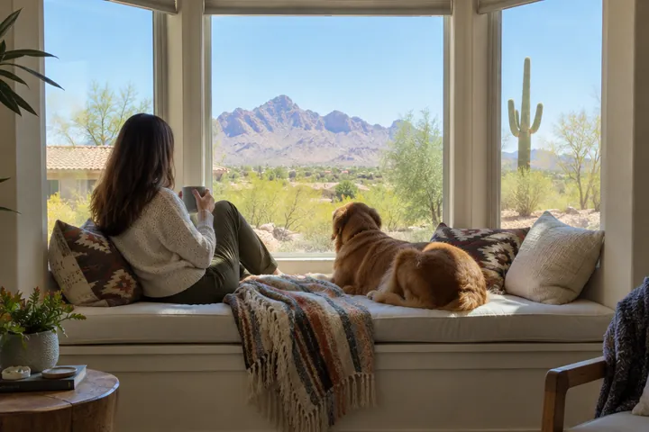 Cushioned window seat in a bay window