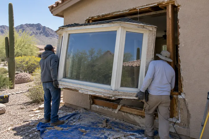 Old bay window being removed from a home