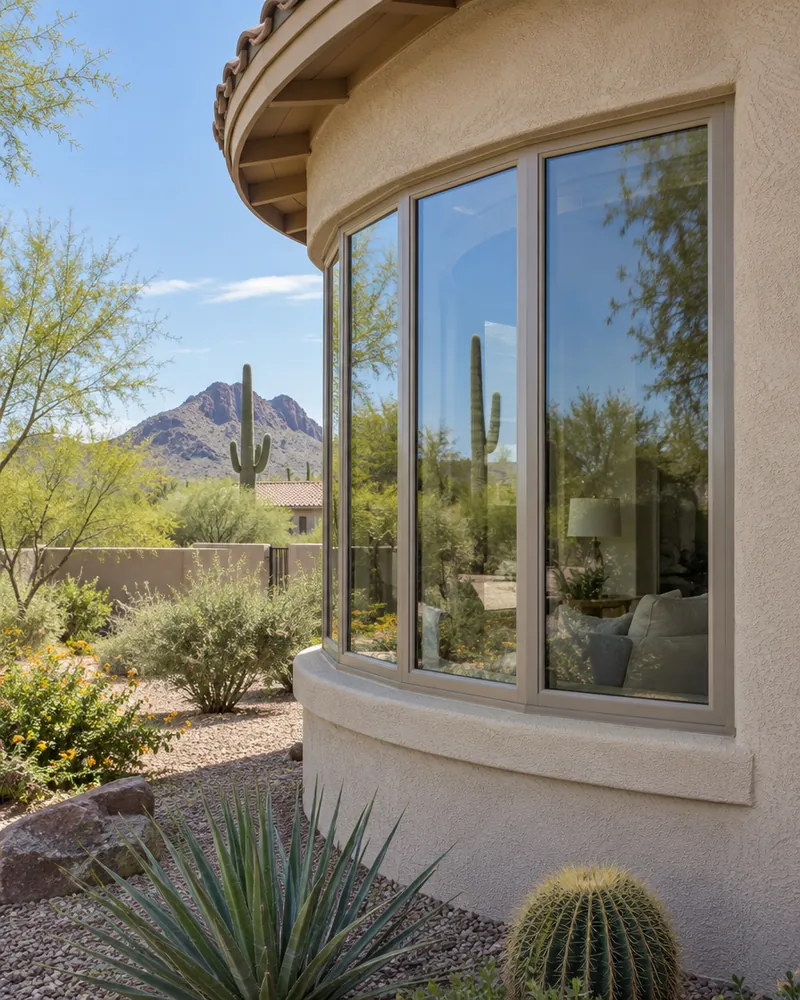 Bow window curving out from a stucco wall