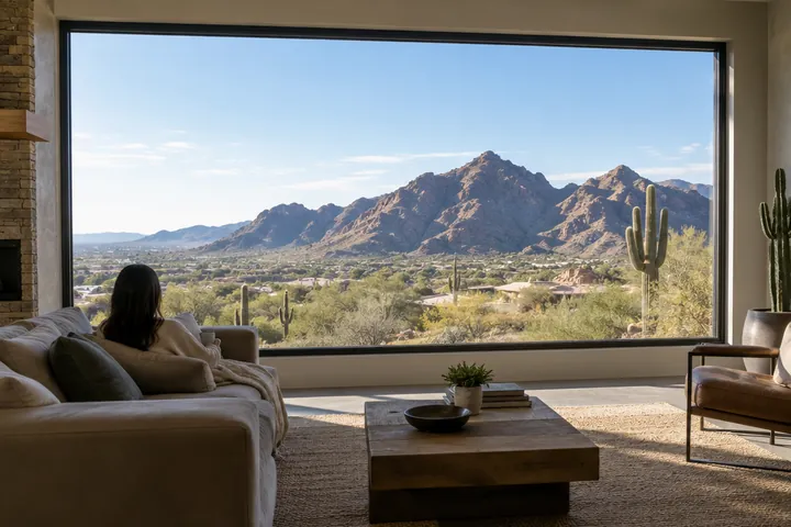 Oversized picture window with a desert mountain view