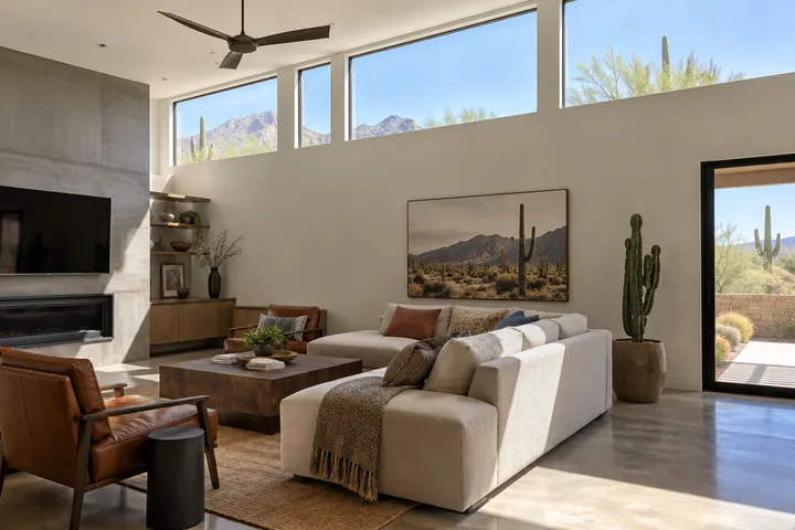 High clerestory windows along a living room wall