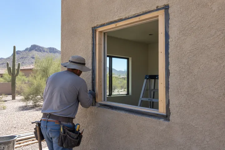 New window opening framed in a stucco wall