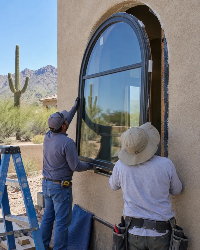 Custom arched window being fitted into a new stucco opening