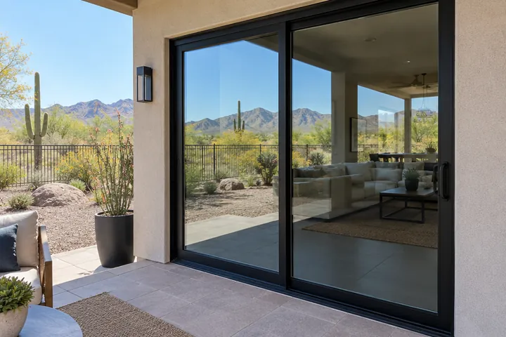 New sliding patio door with a black frame