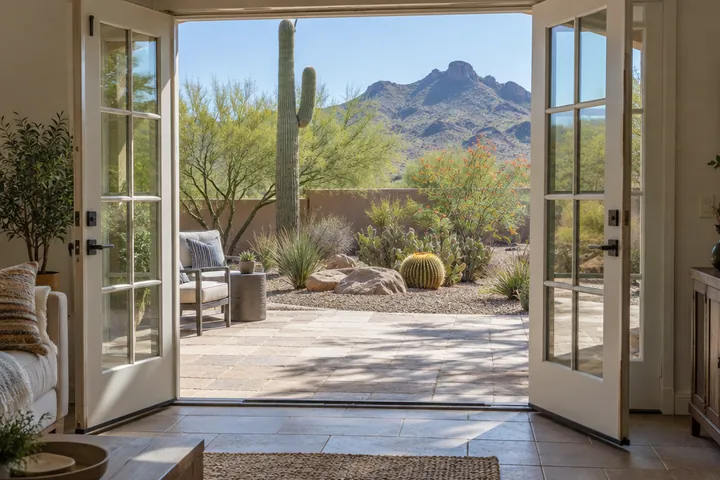 French patio doors opening to a desert yard