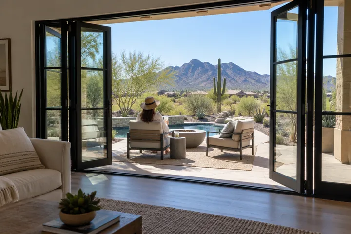 Multi-panel glass door opened wide to a patio