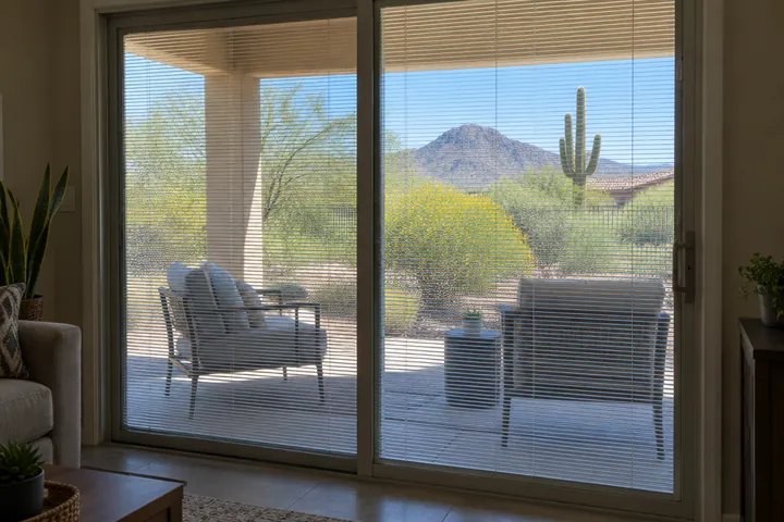 Patio door with blinds between the glass