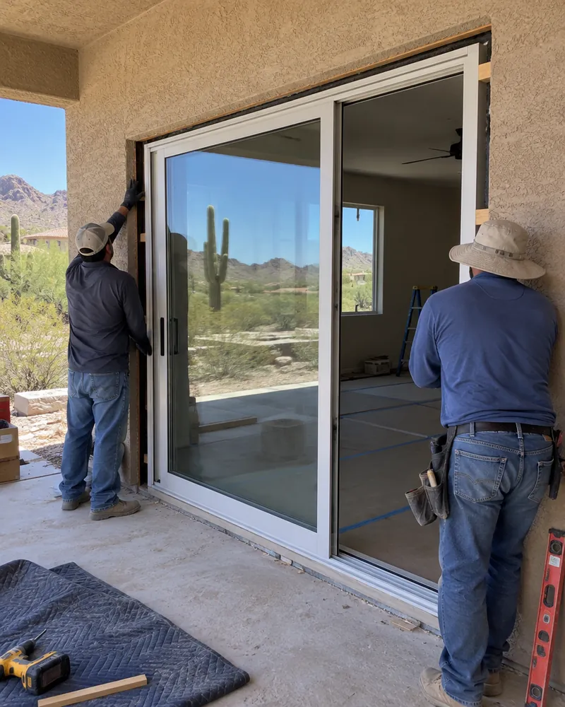 Sliding patio door being installed in a stucco opening