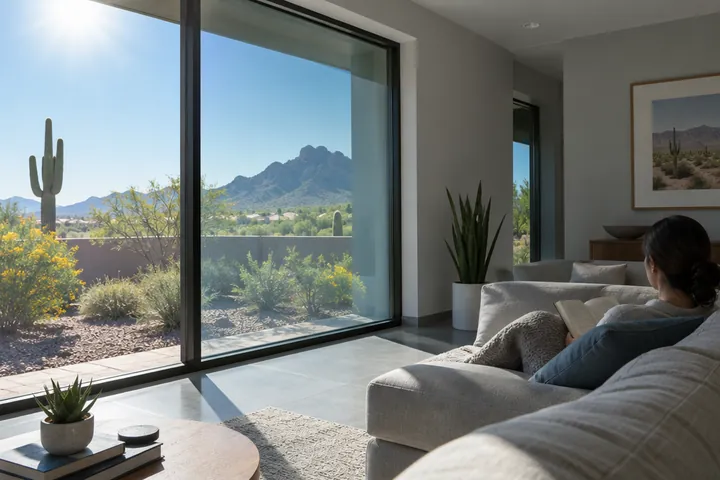 Sunlight passing through Low-E glass into a cool room