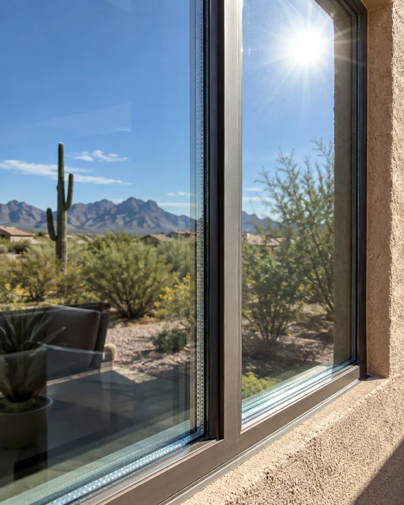 Close view of a dual-pane Low-E window with sun shining on the glass