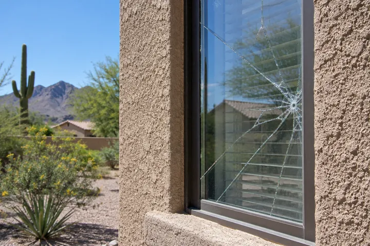 Cracked window pane in a stucco wall