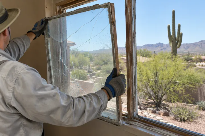 Old cracked window glazing being removed