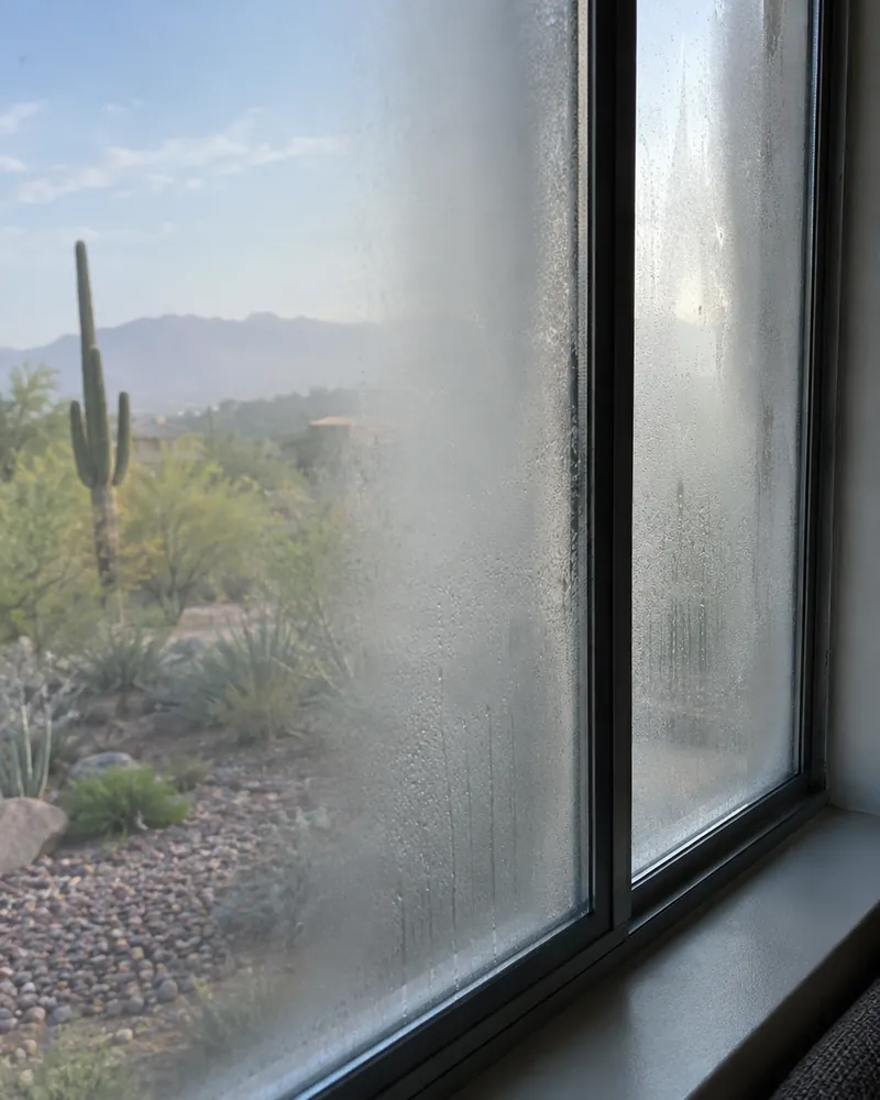 Foggy dual-pane window with condensation trapped between the panes
