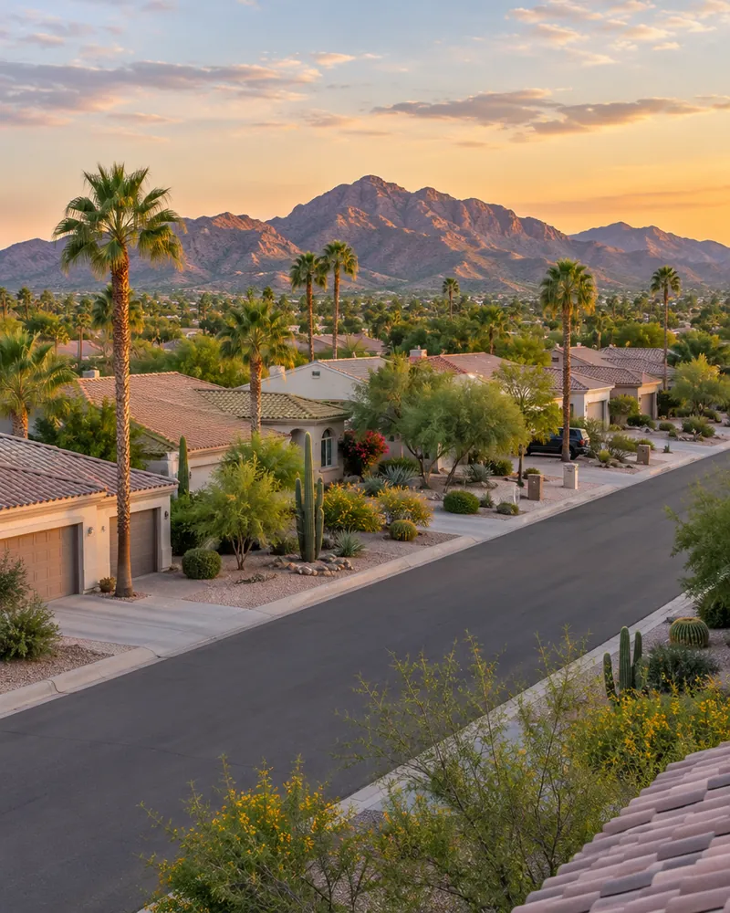 Phoenix neighborhood street with single-story homes and mountains in the background