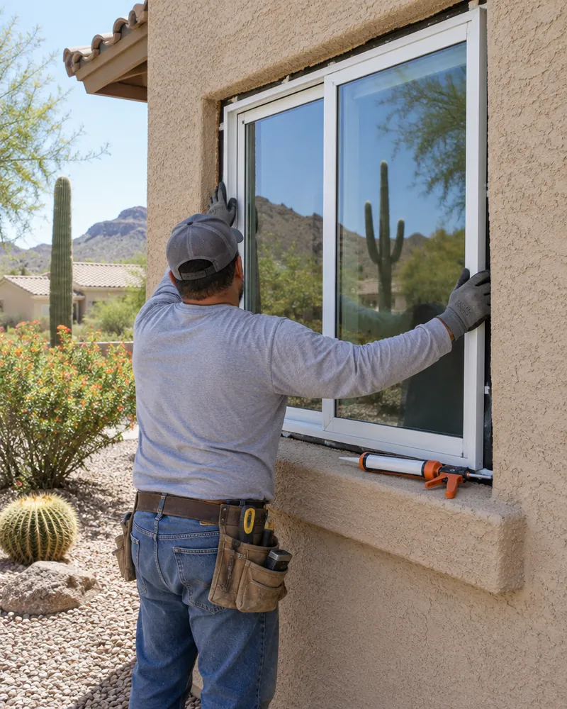 Installer fitting a new window into a stucco Phoenix home