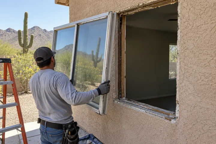 Old aluminum window being removed from a stucco wall