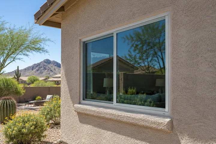 Horizontal sliding replacement window in a stucco wall