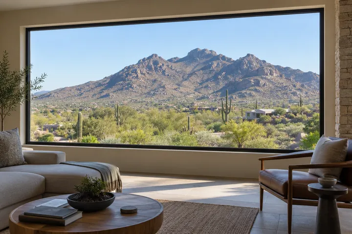 Large fixed picture window framing a desert mountain view