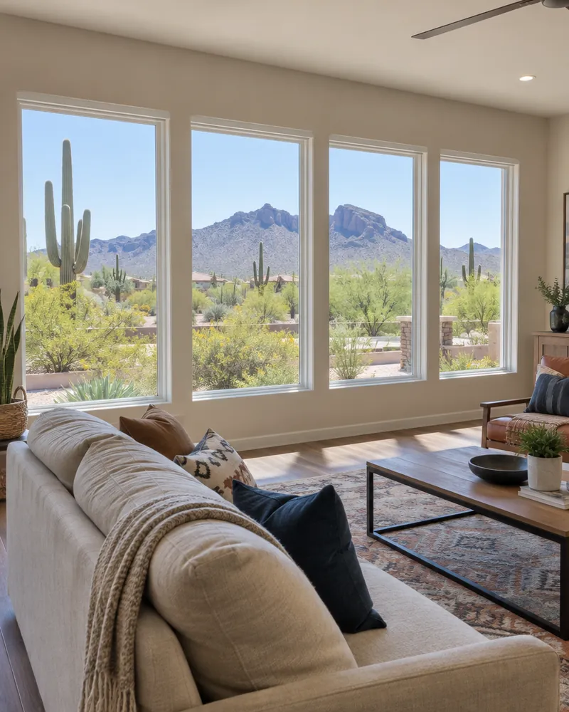 Wall of new dual-pane replacement windows in a Phoenix living room