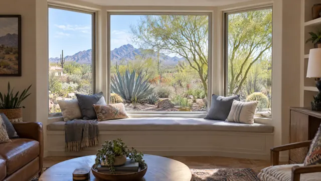 Bay window with a window seat in a Phoenix home looking out on a desert garden