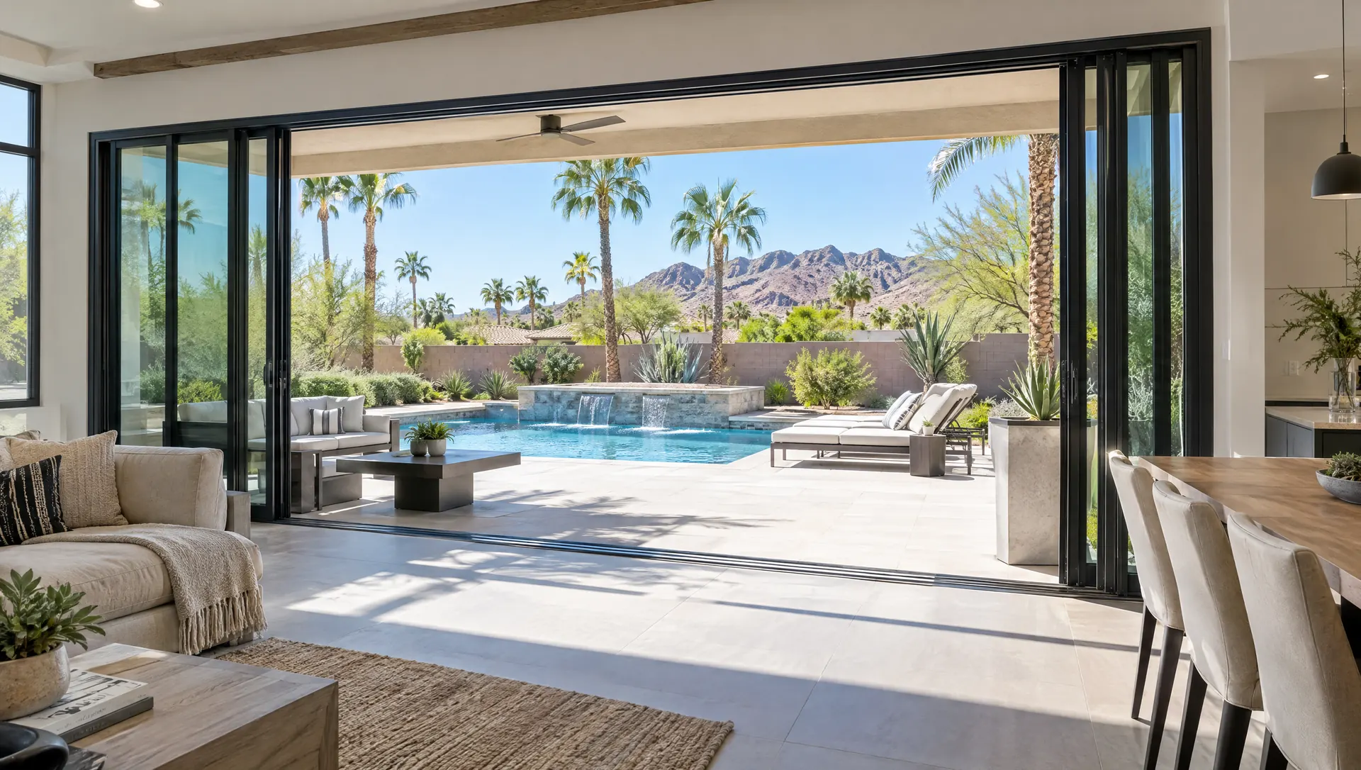 New multi-panel sliding glass patio door opening to a Phoenix backyard pool