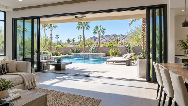 New multi-panel sliding glass patio door opening to a Phoenix backyard pool