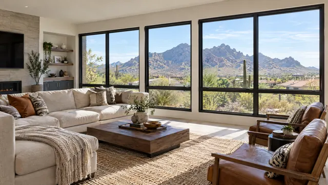 Bright Phoenix living room with new black-frame Low-E windows and a desert mountain view