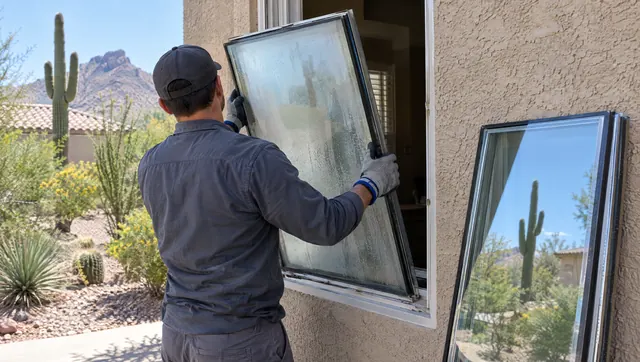 Technician replacing a fogged dual-pane glass unit in a window frame