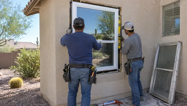 Installers setting a new white vinyl replacement window into a stucco Phoenix home
